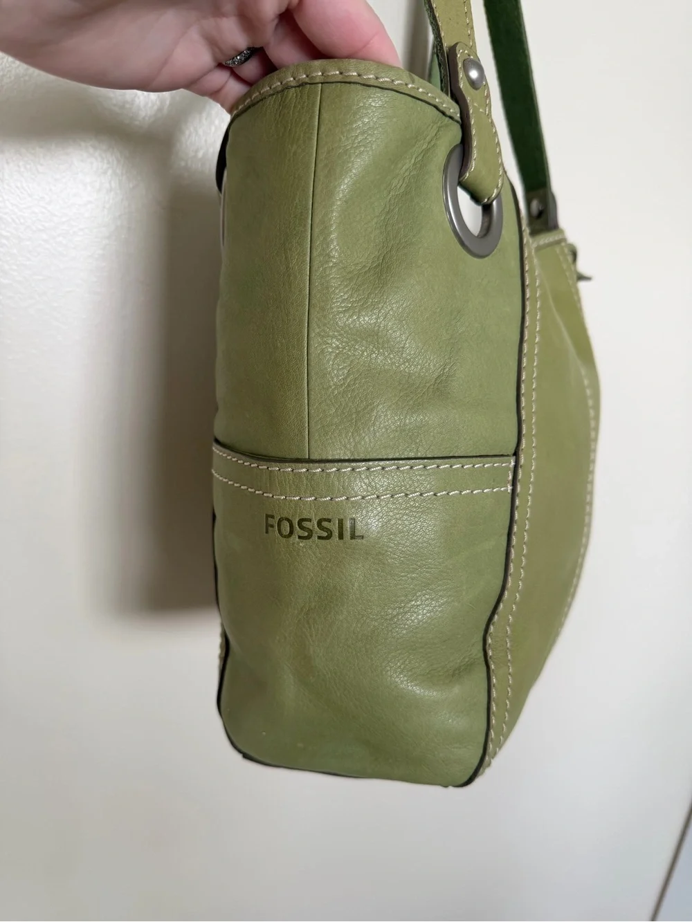 FOSSIL Olive Moss Green Leather Vintage Hobo Shoulder Tote Bag w Silver Key